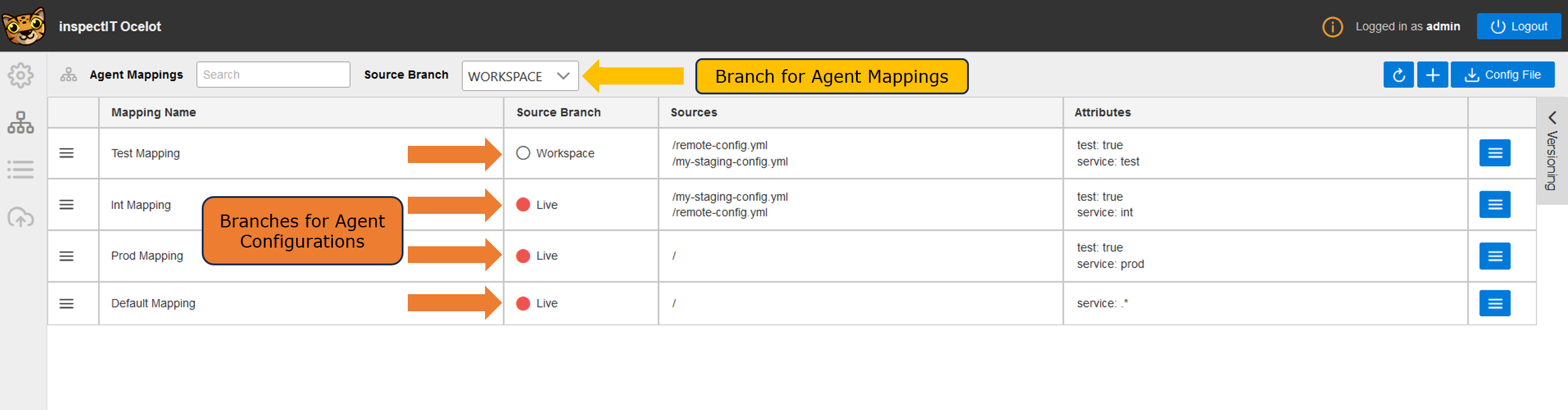 Different Source Branches on Agent Mappings Page